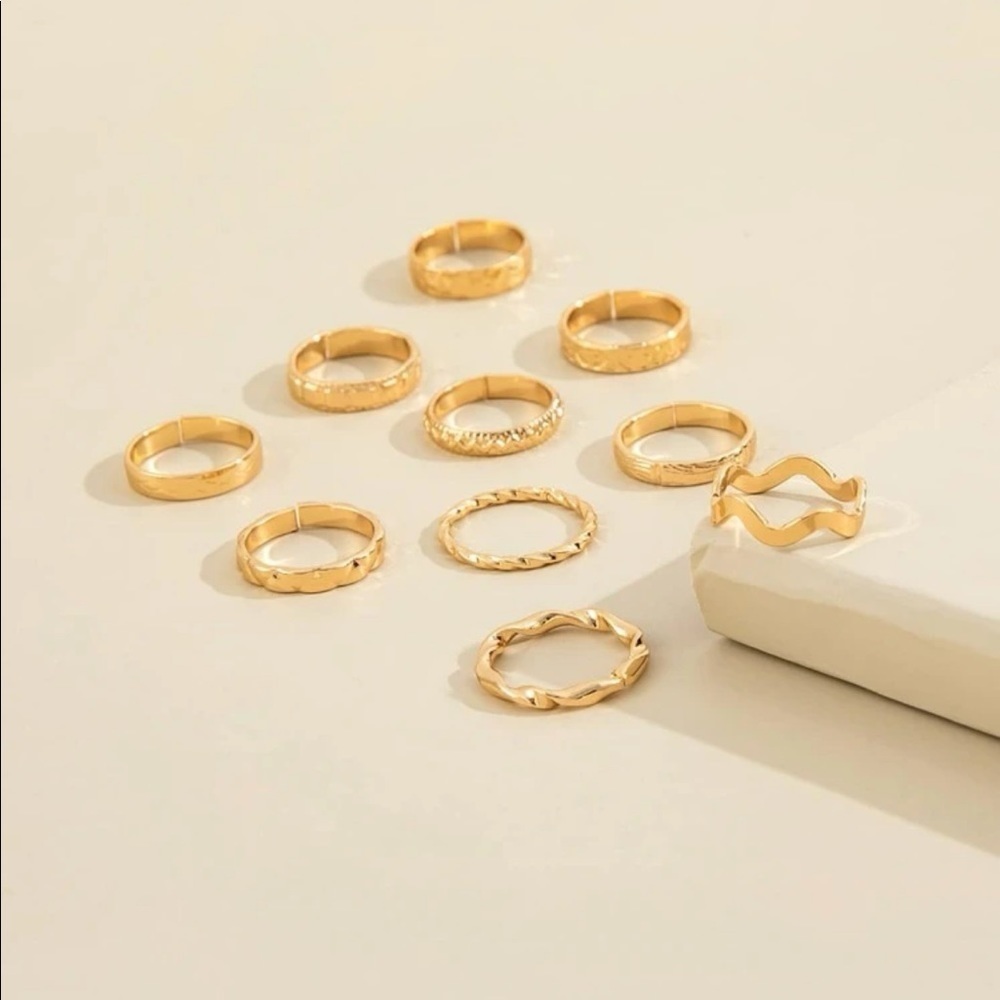 𝅺3/$30 Gold 10pc Textured Ring Set - Picture 3 of 3